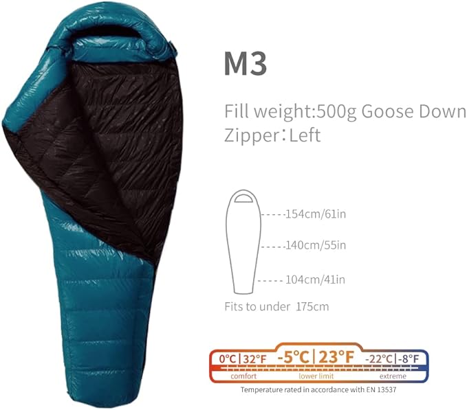 M3 Series -5 Degree 800FP Goose Down Sleeping Bag Ultralight Down Sleeping Bag for Backpacking and Camping for Men &amp Women