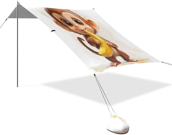 ALAZA Cute Monkey Banana Beach Tent Sun Shelter UPF50+ Protection Beach Shade Canopy w/ 4 Sandbags for Outdoor Camping Fishing Backyard Fun Picnic 10x9 ft