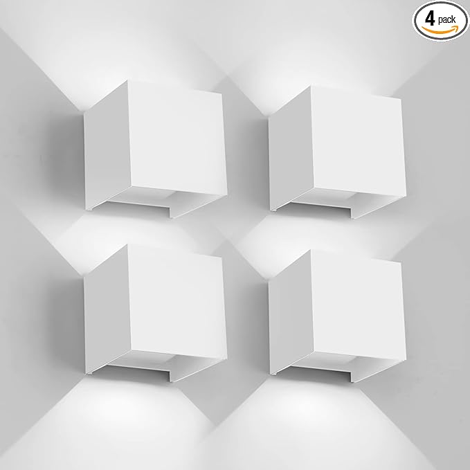 12W 4Pack Outdoor Wall Lights Exterior/InteriorLED White Outdoor Wall Sconces Light Fixtures ModernIP65 Waterproof Square Aluminum Wall Lamps Up and Down Lights 6500K Cold Lights