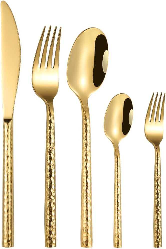 50-Piece Gold Hammered Silverware Flatware Cutlery Set Service for 10304 Thickened Stainless Steel Cutlery KnifeFork and Spoon SetDishwasher SafeGift Package for Wedding Housewarming