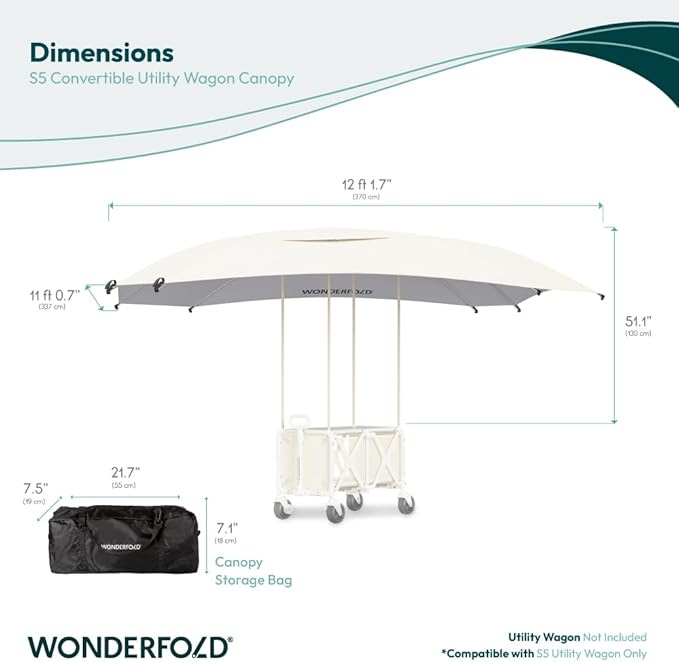 WONDERFOLD Sun Shade Canopy for S5 Convertible Utility Wagon - Large Umbrella with Sturdy Attachment &amp Plenty of Shade Around Your Utility Cart Beige