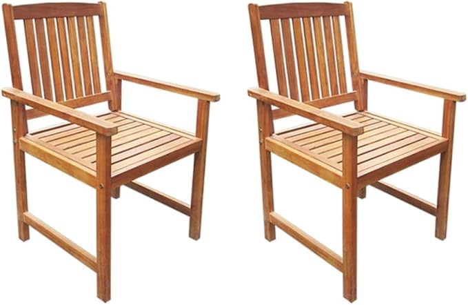 Outdoor Chair Set of 2 Brown Solid Acacia Wood Standard Durable Rustic Design for Patio Garden Dining with Comfortable Armrests