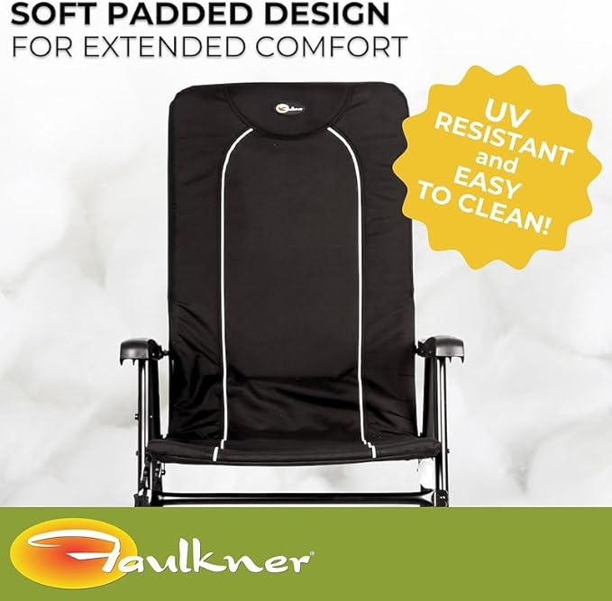 Faulkner Dakota Folding Rocking Chair Black Padded Seat and Backrest Lightweight Steel Frame Side Pouch 300 lb Capacity Foldable Outdoor Camping and Patio Chair