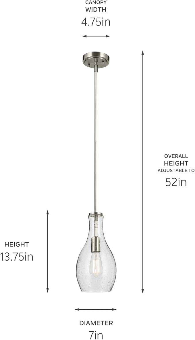 Everly 13.75 1-Light Bell Pendant with Clear Seeded Glass in Brushed Nickel for a Kitchen Island Dining Nook or Home Bar (13.75 x 7) 42456NICS
