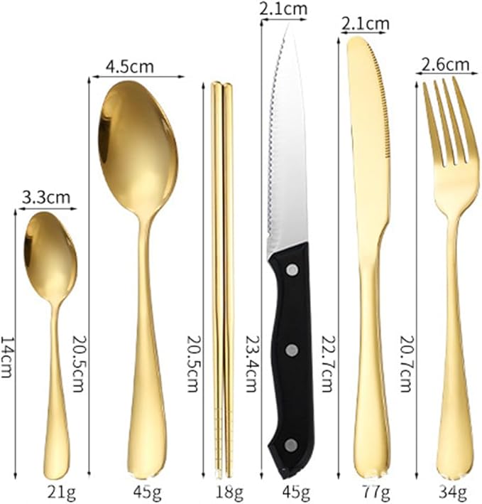 Stainless Steel Outdoor Camping Mess Kits Includes Forks Spoons Knives Food Clip Plates - Portable Cutlery BagGold