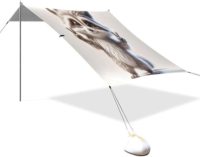 ALAZA Cute Raccoon Peace Gestures Beach Tent Sun Shelter UPF50+ Protection Beach Shade Canopy w/ 4 Sandbags for Outdoor Camping Fishing Backyard Fun Picnic 10x9 ft