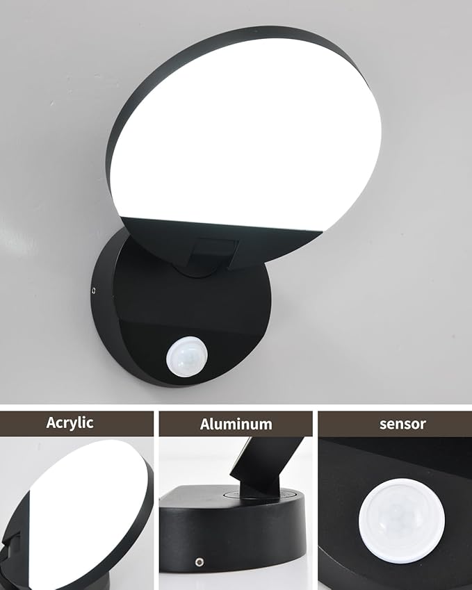 Wired Motion Sensor Outdoor Lights Fixtures LED 18W Modern Exterior Porch Lights Wall Sconces Light for Doorway Patio Garage Matt Black Round 6000K Cool White