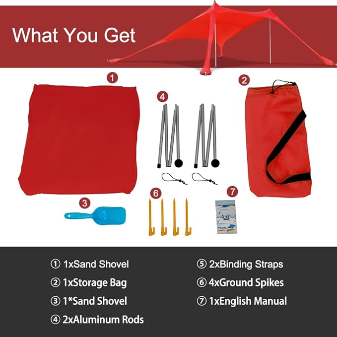 Beach Tent Sun Shelter 6.56 x 5.25ft UPF Sunshade with Sandbags &amp Aluminum Poles Portable Pop-Up Tent for Camping Picnics Fishing Fits 2-3 People (Red Includes Carry Bag &amp Shovel)