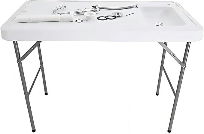 Fishing Cleaning Table with Sink - Portable Folding Camping Sink Table | Fish Fillet Hunting Station with Faucet Ideal for Picnic Gardening &amp Kitchen Use - White