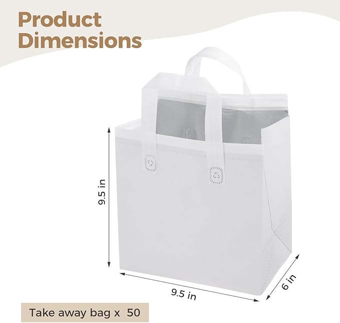 50 Pcs Thermal Insulation for Coffee Milk Tea Insulated Take Away Bags Hot Cold Food Cooler Bags Pizza Delivery Bags for Restaurant Grocery Bulk Food Bags 9.5 X 6 X 9.5 Inches