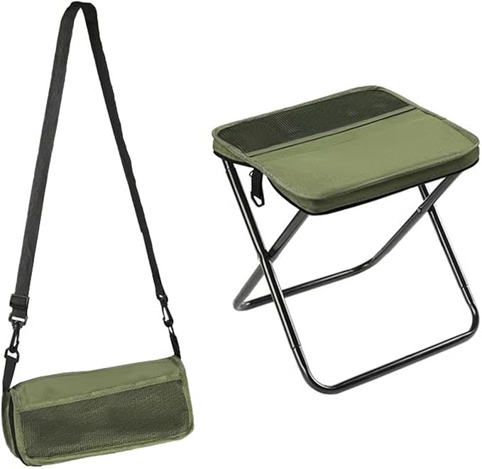 Collapsible Camping Stool Ultra-Lightweight Pocket Chair for Hiking Outdoor Footstool Portable Folding Seat Durable Oxford Fabric 300lb Capacity Military Green Large Size