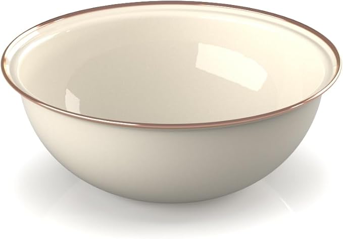 GSI Outdoors Mesa 2-Person Enamelware Dining Set 6-Pieces – Cream with Bronze-Finished Stainless Steel Rim Dishwasher Safe