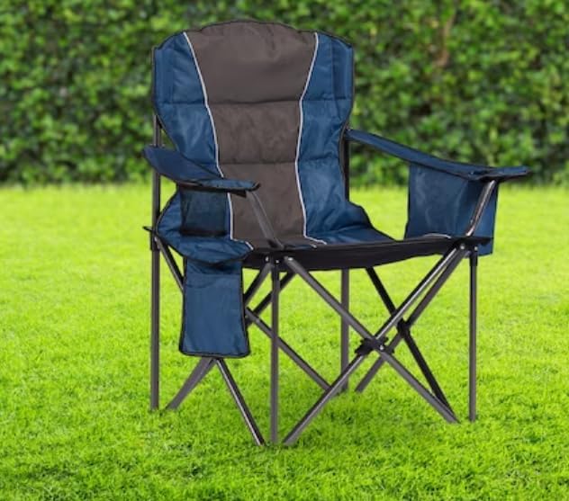 Heavy-Duty Folding Camping Chair with Cooler Bag Cup Holder &amp Carrying Strap – Blue &amp Gray 400 lb Capacity