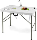 LDAILY Moccha Fish Cleaning Table Folding Fillet Table with 2 Built-in Sinks &amp 360° Rotatable Faucet Portable Outdoor Picnic Table with Stainless Steel Water Inlet Pipe for Camping Fishing BBQ