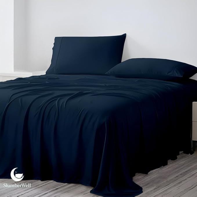 SlumberWell 4 Piece Luxury Soft Microfiber Fitted Bed Sheet Set for Campers 8 to 12 Inch Deep Pocket RV Short Queen 60 x 75 Navy Blue