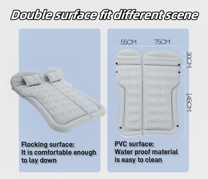 SUV Air Mattress Car Bed Inflatable Mattress for Truck Backseat - Portable Air Mattress with Flocking Surface and Pillows Foldable Air Bed for Home Tent Camping Travel - Light Grey