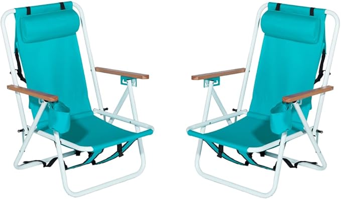 Backpack Beach Chair 4 Position Folding Reclining Lounge Heavy Duty Steel Frame 330 lbs Capacity &amp Wooden Armrests Set of 2 23x21.7x31.5 Green