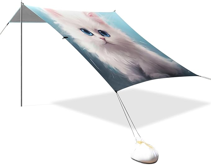 Cute Fluffy Cat Beach Tent Sun Shelter 9.2' x 10.5' Beach Canopy with 4 Sandbags 4 Stability Poles Sand Shovels - Tent Canopy for Beach Camping Fishing Picnics