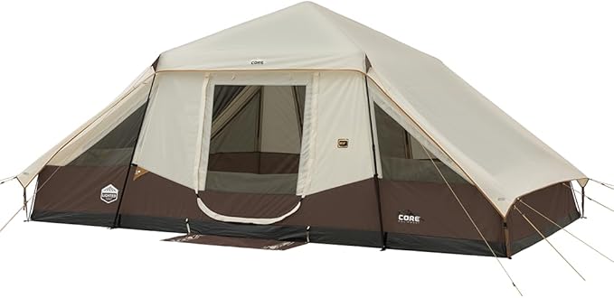 CORE Instant Cabin Tent with LED Lights | Large Family Lighted Pop Up Tent with Carry Bag for Camping Glamping and Backyard Adventures | Included Storage Pockets for Camp Accessories