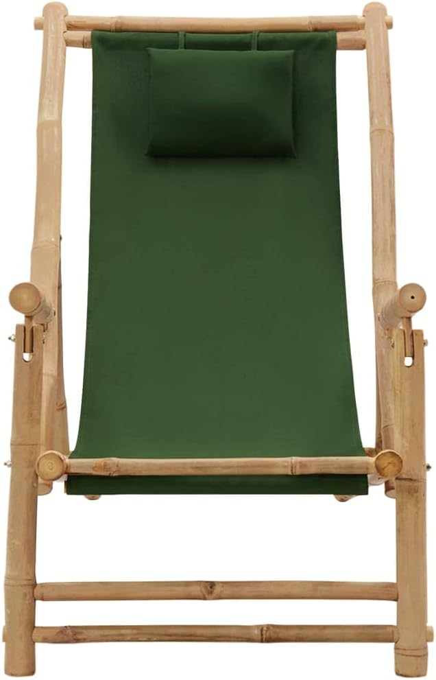 Green Bamboo Deck Chair Adjustable Recliner with Foldable Design for Patio Garden Beach Camping Sturdy Canvas Polyester Outdoor Lounge Chair for Relaxing