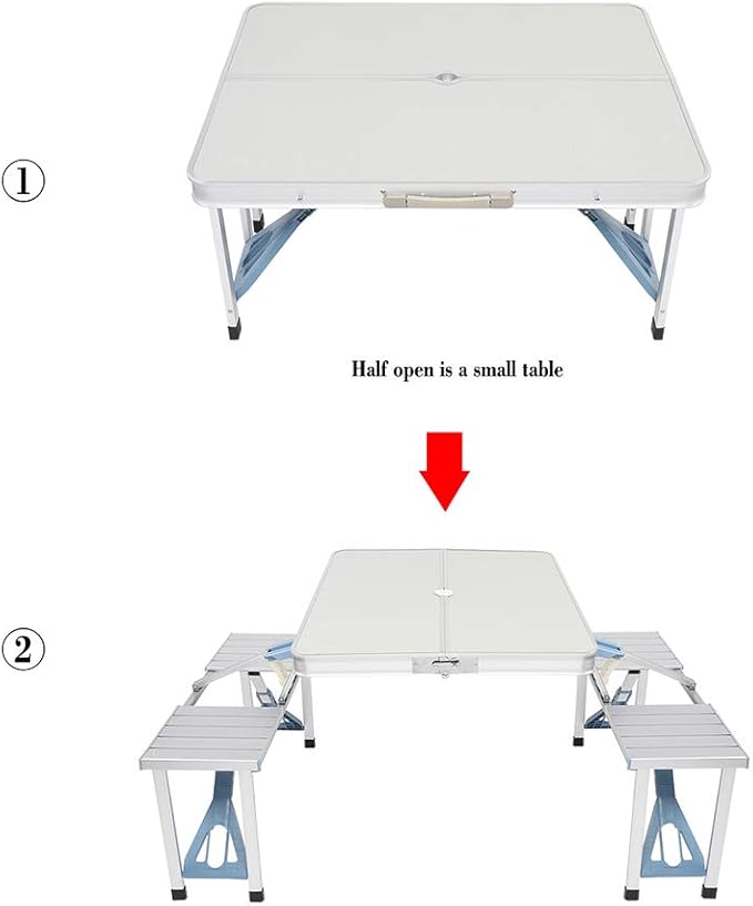 Vasitelan Folding Camping Picnic Table with Seats/Umbrella Hole Lightweight and Fold Up Card Suitcase Table Aluminum Alloy Frame RV Tabletop with Soft Handle (Style 1)
