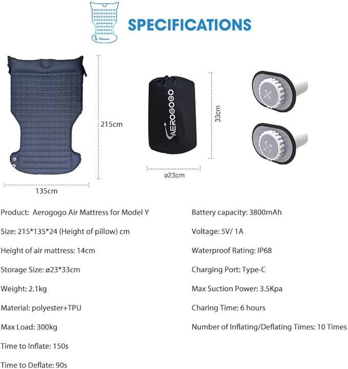 Tesla Model Y Mattress Self Inflating Model Y Bed One Click to Inflate/Deflate Max 5.5”Thick Backpack Size 2 Person