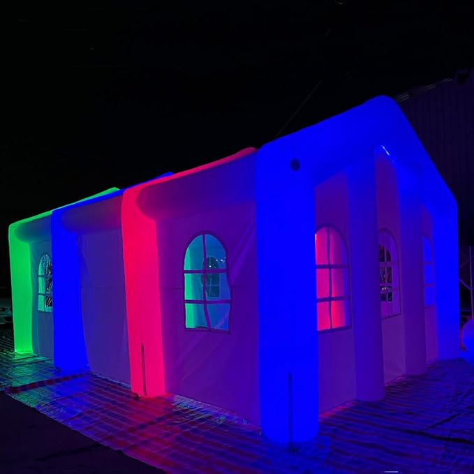 Portable White Inflatable Wedding Tent with Colorful LED Lights 1 Door House Building Outdoor Marquee Windows Church for Party 26.3 x 16.4 x 13.1FT