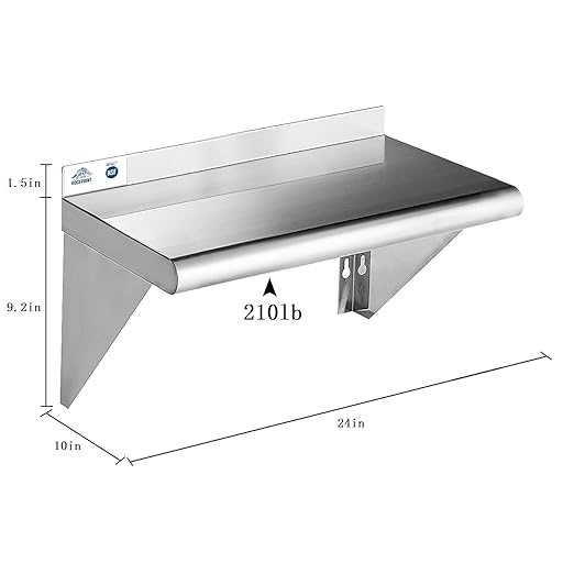 ROCKPOINT Stainless Steel Shelf 10 x 24 Inches 210lb 2 Pack NSF Metal Commercial Shelves Wall Mount Floating Shelving with Backsplash for Restaurant Kitchen Home and Hotel Silver
