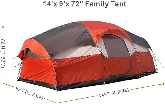 Spacious 6-8 Person Waterproof Camping Tent with Three Rooms
