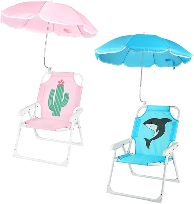 PLULON 2 Pcs Kids Beach Chair with Umbrella Folding Lawn and Camping Chair with Summer Shade for Beach Pool Travel and Outdoor (for 1-5 Years Old)