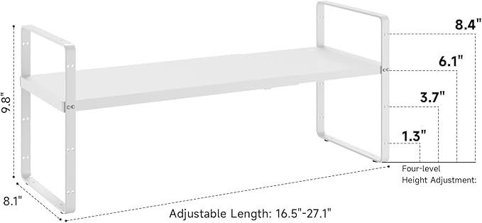 16.5~27.1 Expandable Shelf Organizer 1Pack 8.1 Wide Stackable Cabinet Shelf Organizers White Metal Sturdy Kitchen Counter Storage for Countertop Adjustable Height Spice Rack