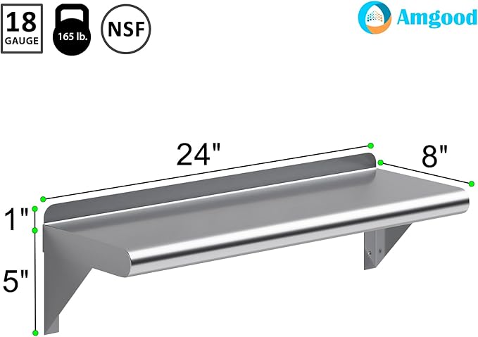 AmGood 8 in. x 24 in. Stainless Steel Wall Shelf | NSF | Metal Shelving | Garage Laundry Storage Utility Room | Restaurant Commercial Kitchen