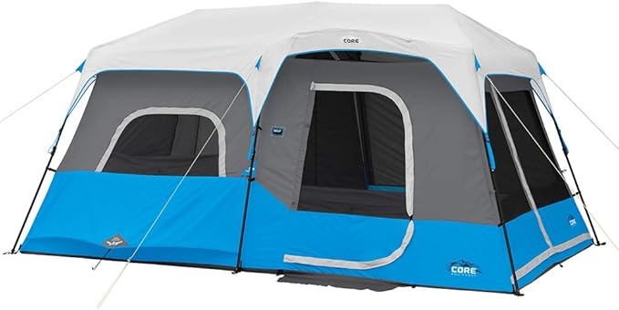 CORE Instant Cabin Tents with LED Lights | 6 Person / 9 Person / 12 Person Family Multi Room Lighted Pop Up Tents for Camping | Included Storage Pockets for Camping Accessories