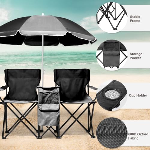 Camping Chairs Folding Double Chair with Removable Umbrella Cup Holders Cooler Bag Side Pocket &amp Carry Bag for Beach Outdoor Sports Concerts Travel Picnic