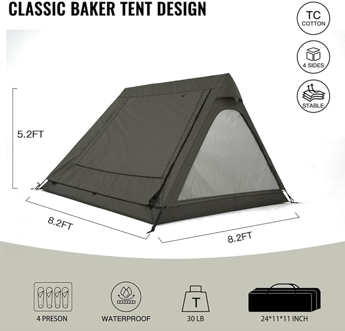 4 Person Canvas Tent with Full Rainfly&ampFootprint Easy Set Up Breathable 4 Season FamilyTent for Winter Outdoor Glamping Car Camping
