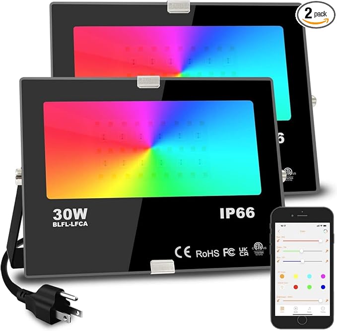 Led Flood Light 30W 300W Equivalent 3000 LM Outdoor Color Changing Led Stage Landscape Lights Bluetooth RGBW Smart Floodlights 2700K &amp 16 Million Colors&ampTiming&amp Music Sync IP66US 3-Plu