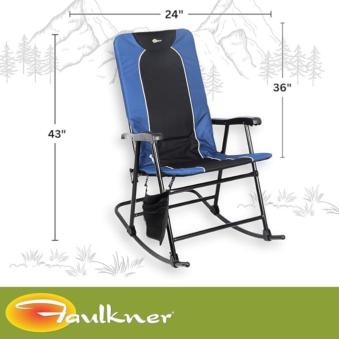 Faulkner Dakota Folding Rocking Chair – Blue/Black 42.1 x 22 300 lb Capacity Padded Camping Chair with Side Pouch Lightweight Steel Frame Folds for Easy Carry