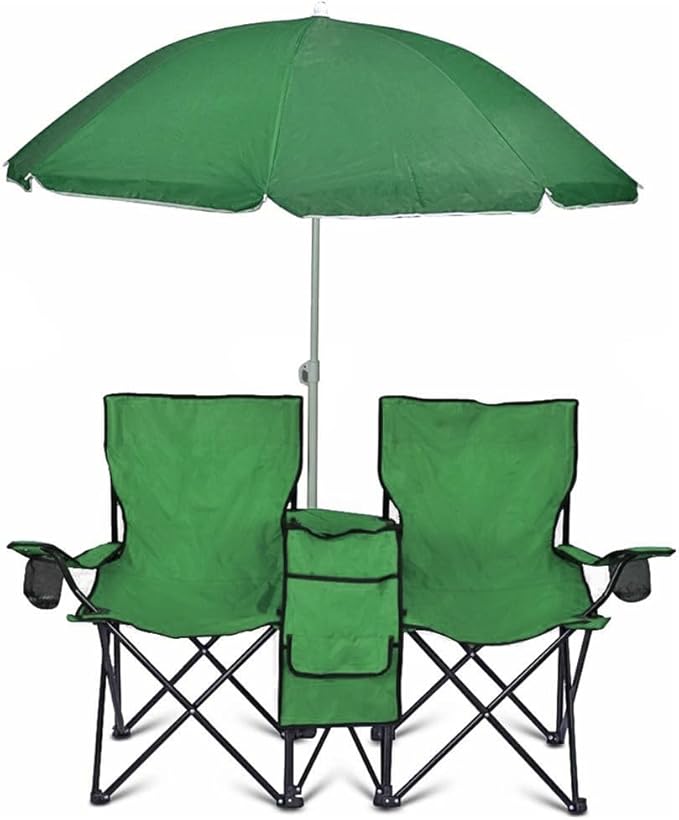 GoTEAM! Portable 2-Seat Folding Camp Chair with Cooler Umbrella &amp Cup Holders – Outdoor Picnic Beach or Tailgate Seating – Carry Case Included