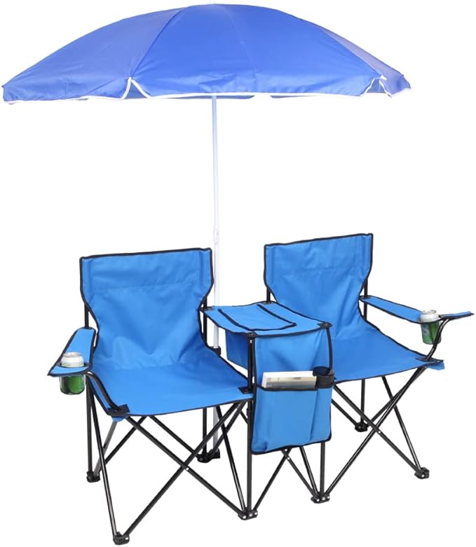 Double Folding Camping Chair W/Umbrella Fold Up Table Beverage Holder Carrying Bag Cooler for Patio Pool Park Outdoor Beach Picnic Portable (Blue)