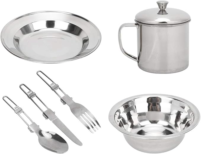 Camping Cutlery 8 Piece Stainless Steel Cutlery Set Including Cutlery Spoons Mug Bowls Plates Rags Organizer Straps Easy to Carry for Backpacking Camping Hiking