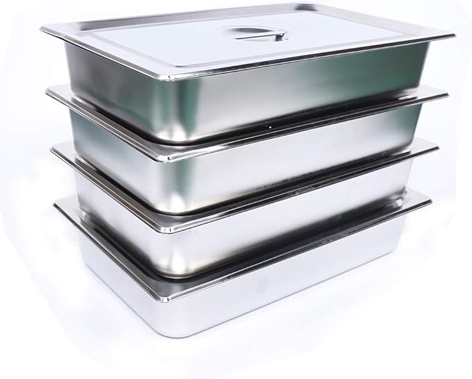 4 Pack Stainless Steel Steam Hotel Pan 20 x 12 x 4 In Deep Steam Table Pan with Lid Food Service Pan for Party Kitchen Restaurant Hotel