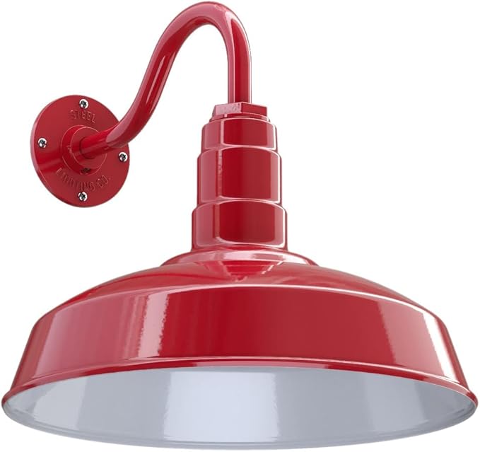Steel Lighting Co. | Dusk to Dawn | Gardena Barn Light | Outdoor Wall Mounted | 16 Dome | 11 Gooseneck | Farmhouse Light Made in America | Red Exterior/White Interior