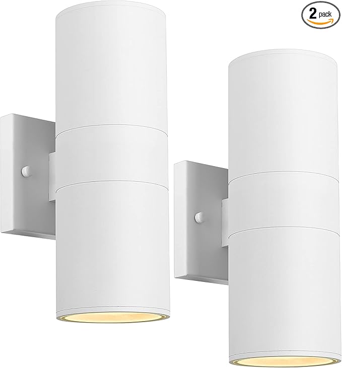 Ken &amp Ricky White Outdoor Wall LightsExterior Sconces Wall Lighting with Tempered Glass CoverCylinder Outside Light for House Porch Garage Front Door - 2 Pack