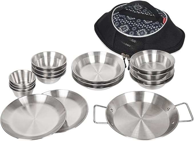 Set of 18 Stainless Steel Outdoor Camping Cookware Mess Kit Camping Dish Set Includes Plates Bowl Storage Bag18
