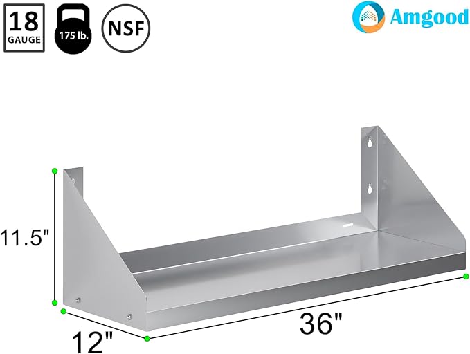 AmGood Stainless Steel Wall Shelf with Side Guards (36 Long x 12 Deep)