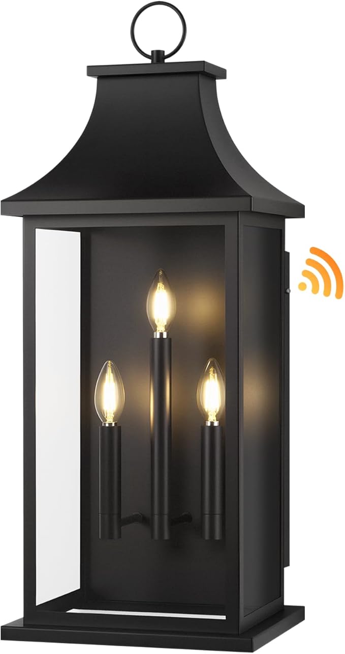 Extra Large Outdoor Wall Lights Dusk to Dawn Sensor Outside Lights Exterior Lighting Fixtures Wall Mount Wall Sconce Light Outdoor Lanterns for Porch Black 28 3-Light 1-Pack