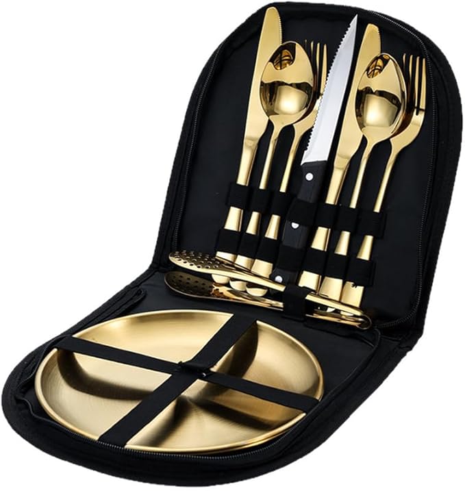 Stainless Steel Outdoor Camping Mess Kits Includes Forks Spoons Knives Food Clip Plates - Portable Cutlery BagGold