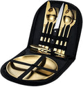 Stainless Steel Outdoor Camping Mess Kits Includes Forks Spoons Knives Food Clip Plates - Portable Cutlery BagGold