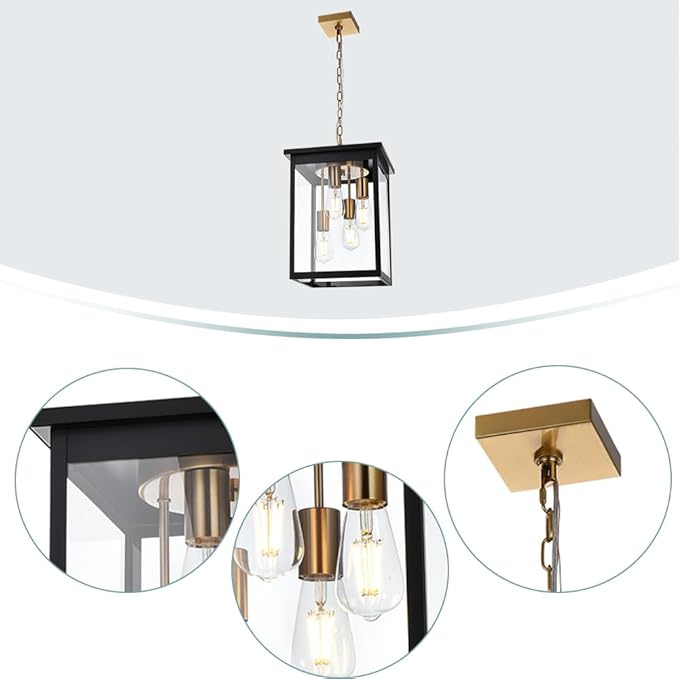 4-Light Outdoor Pendant Light Black and Brass Hanging Lantern with Clear Glass Height Adjustable Exterior Porch Light Fixture for Patio &amp Entryway E26 Base Damp Rated