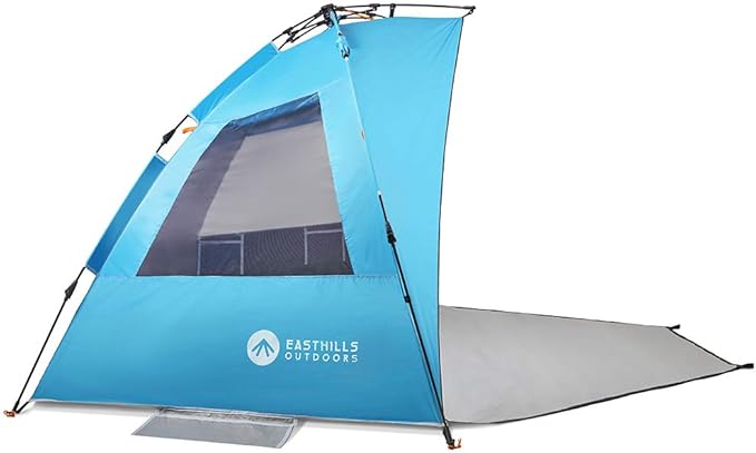 Easthills Outdoors Instant Shader Dark Shelter XL Beach Tent 99 Wide for 4-6 Person Sun Shelter UPF 50+ with Extended Zippered Porch Pacific Blue